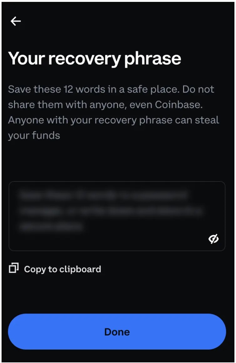 Recovery phrase setup for Coinbase Wallet