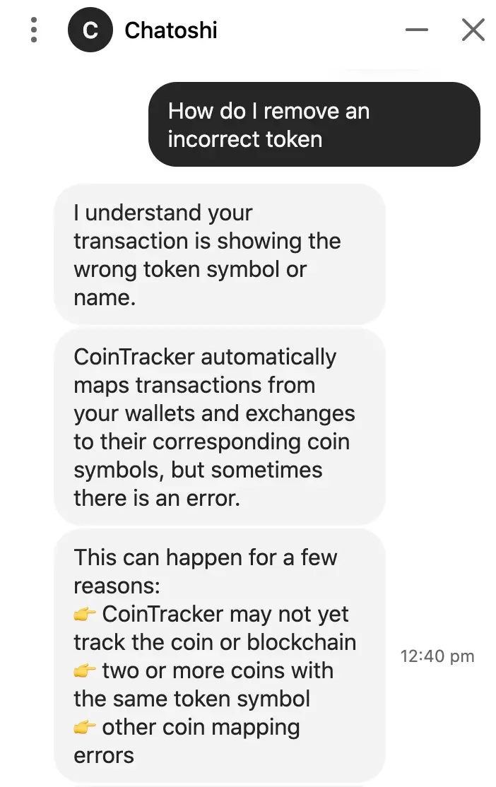 Chatoshi chatbot conversation on CoinTracker