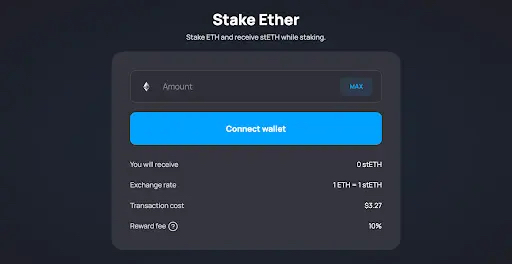 Screenshot of Ether staking screen on Lido