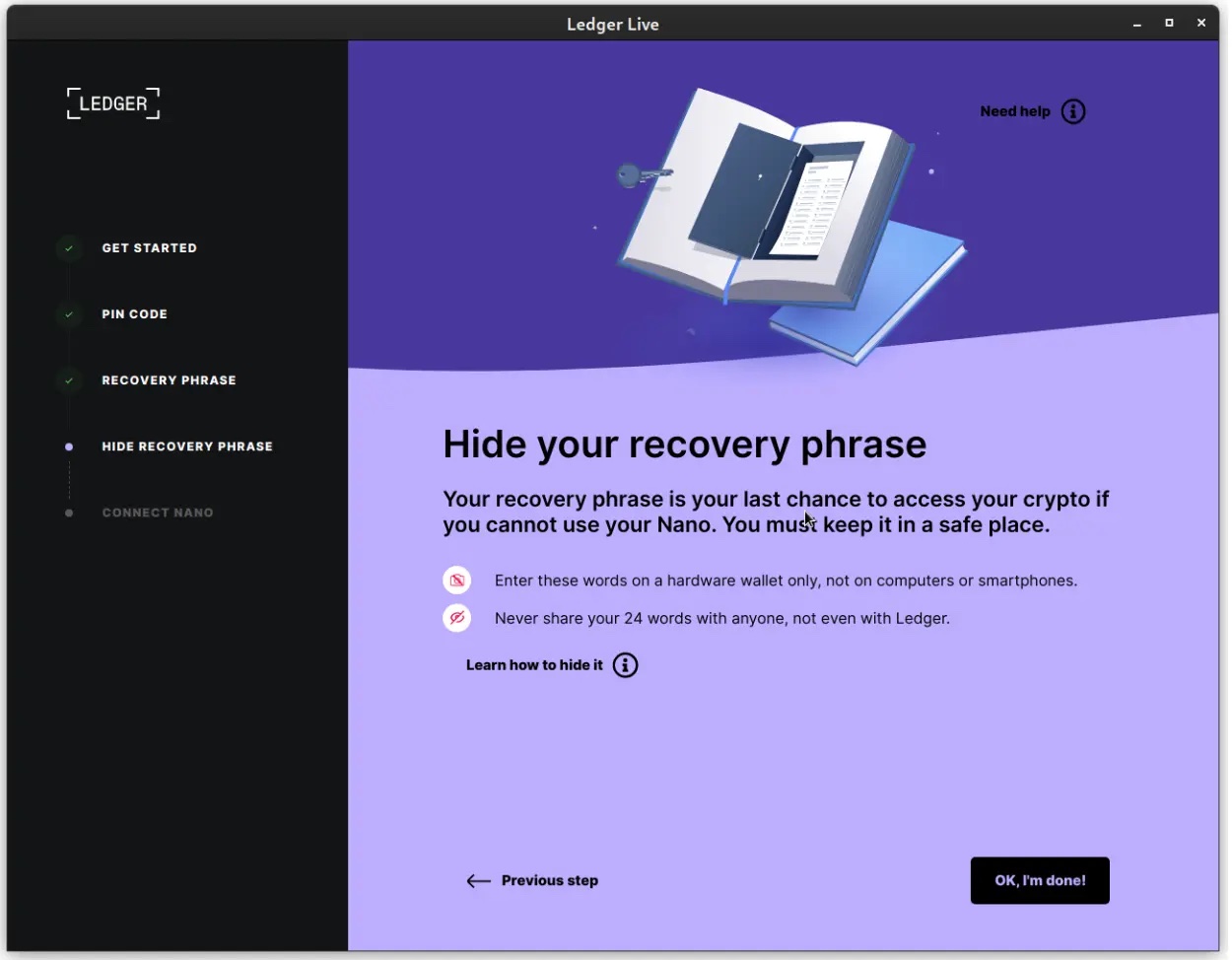 Setting up and hiding your recovery phrase on Ledger