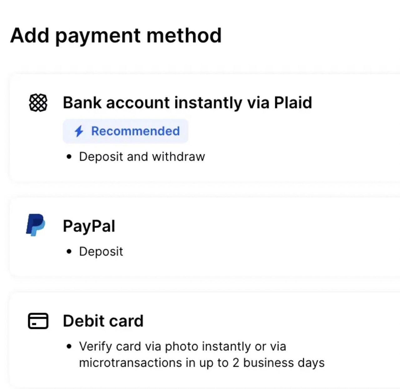 Adding a payment method when buying BTC with a debit card