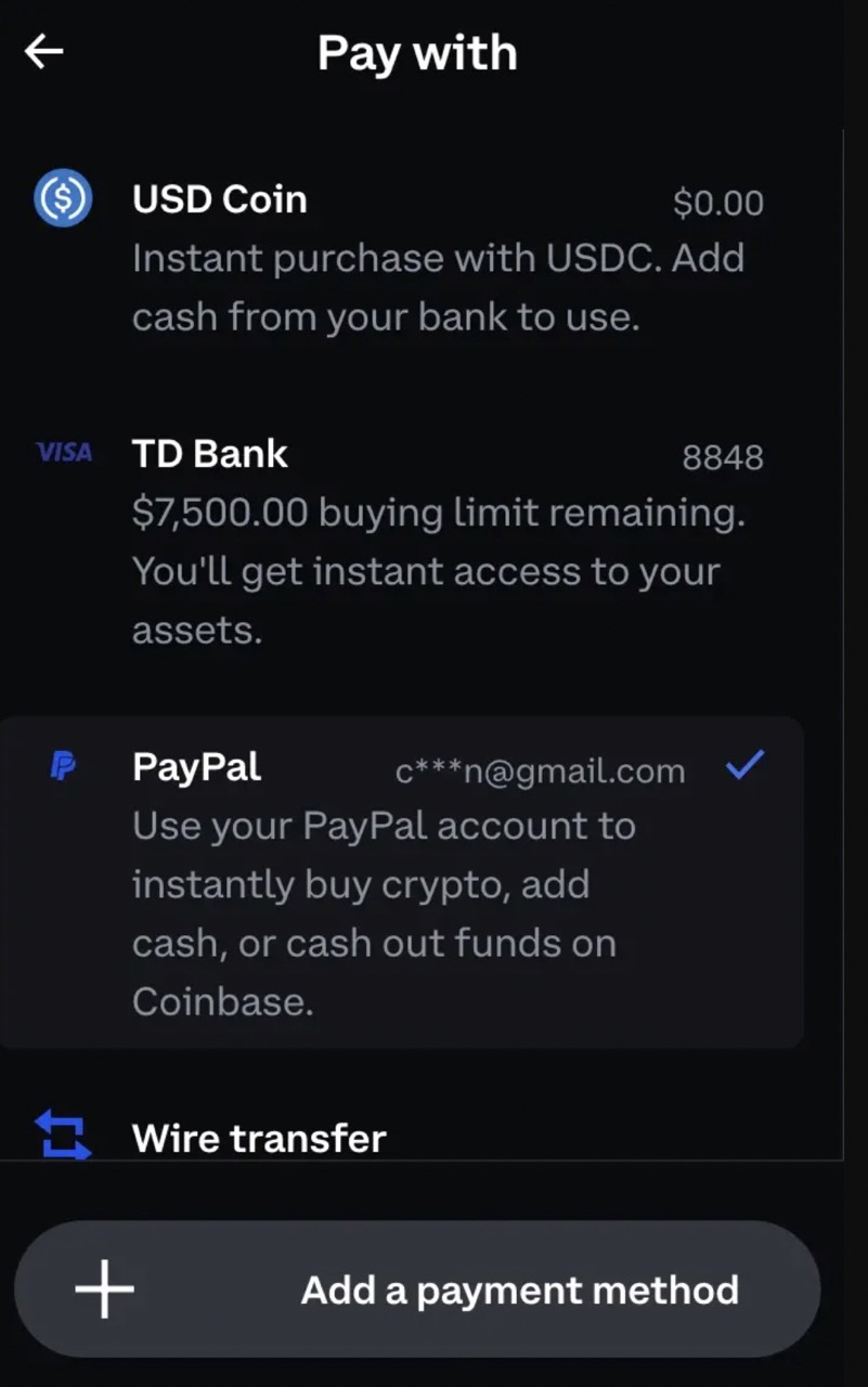 Choosing a payment method to buy BTC on PayPal