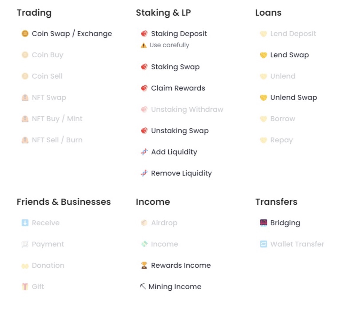 Screenshot of Awaken's tax classifications