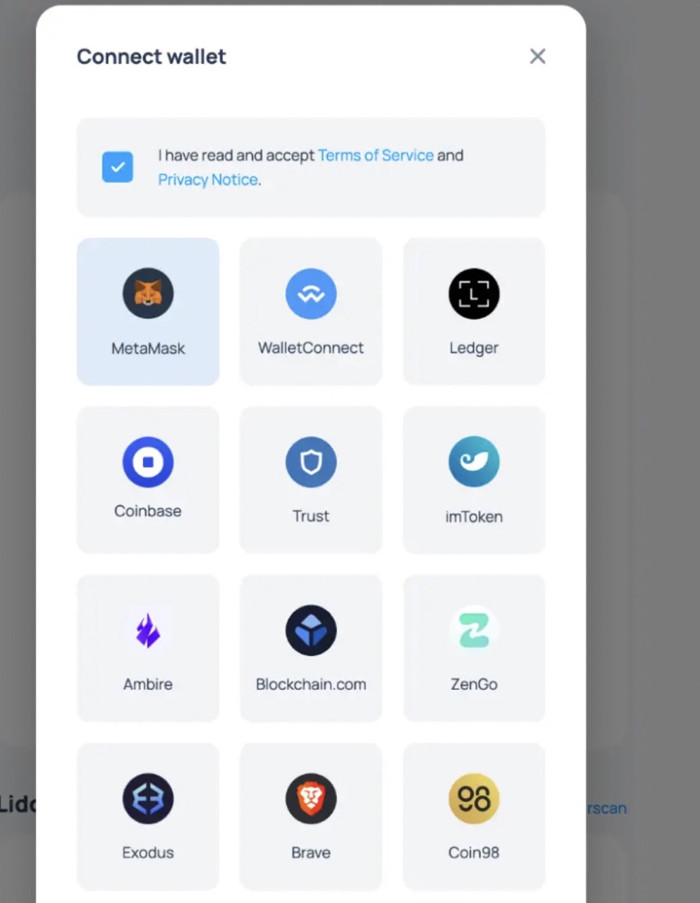 Connecting your wallet on Lido