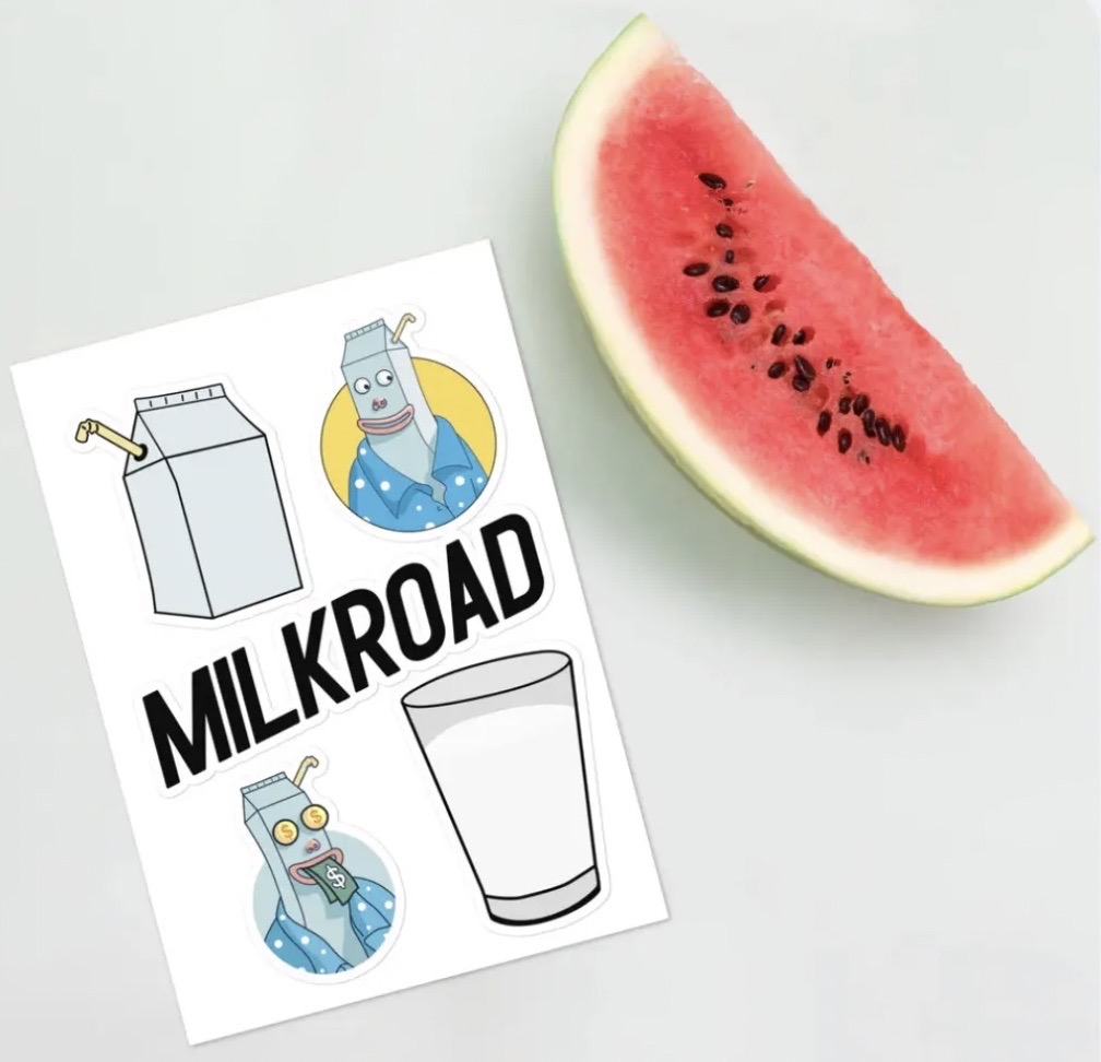 Milk Road stickers for referring people to the newsletter