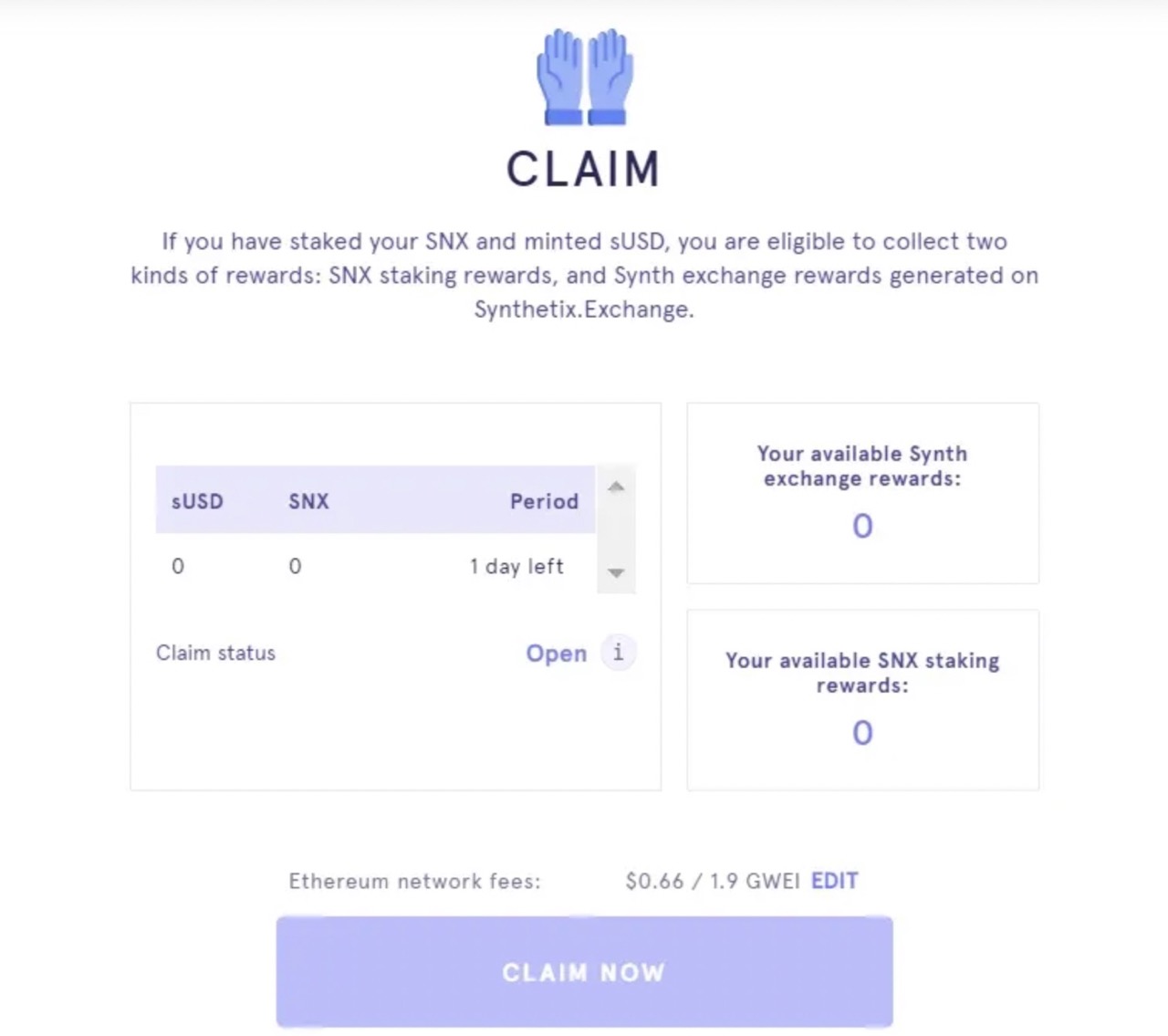 Claiming your SNX staking rewards on Mintr