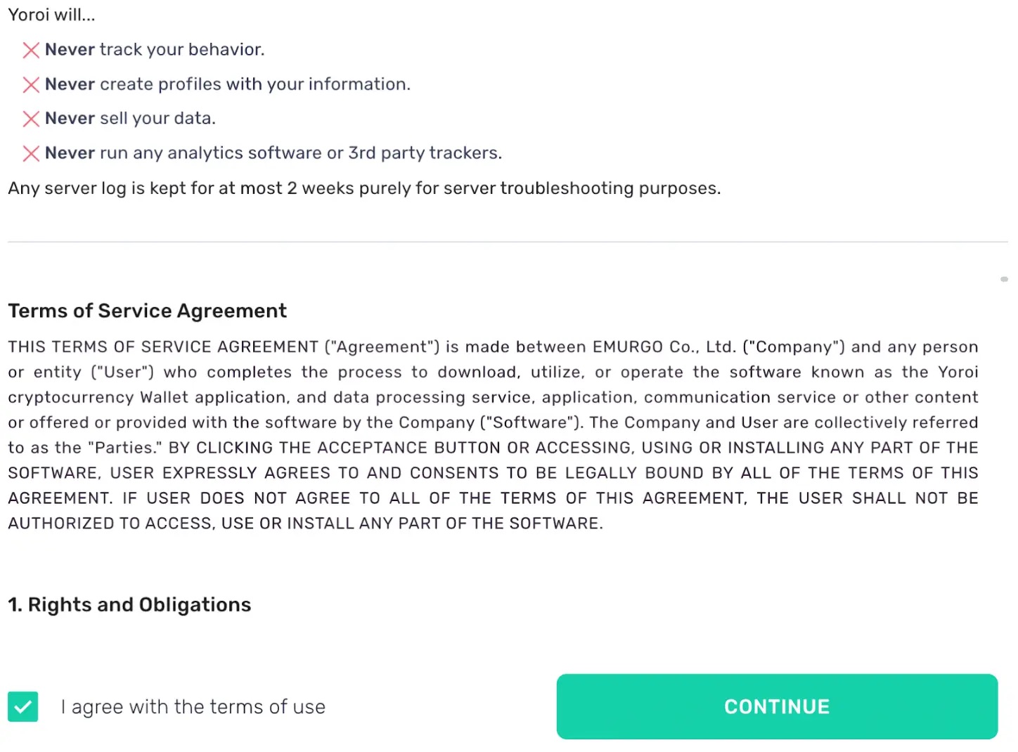 Yoroi wallet accept terms and conditions