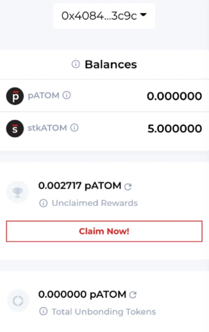Wallet interface with converted stkATOM funds