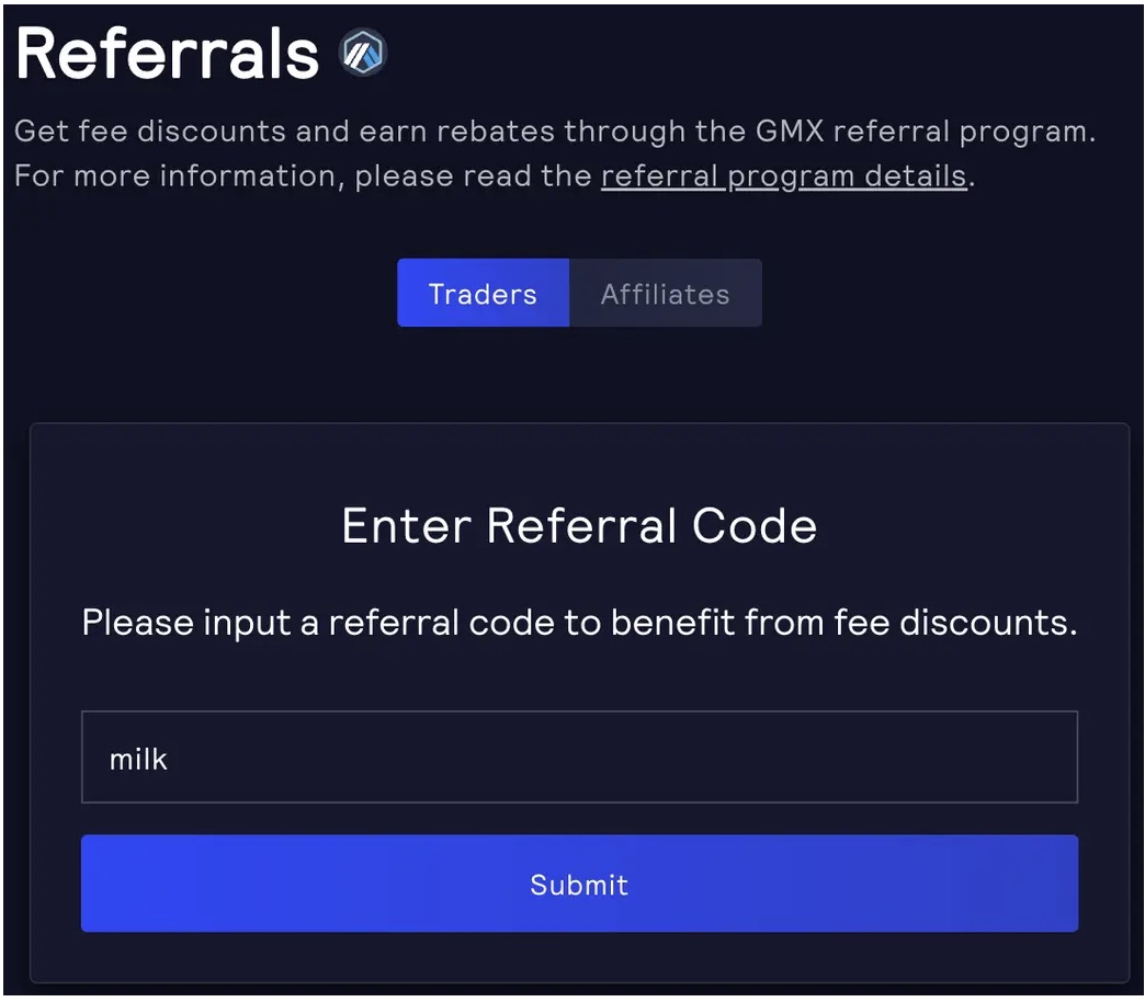 Enter the Milk Road referral code on GMX