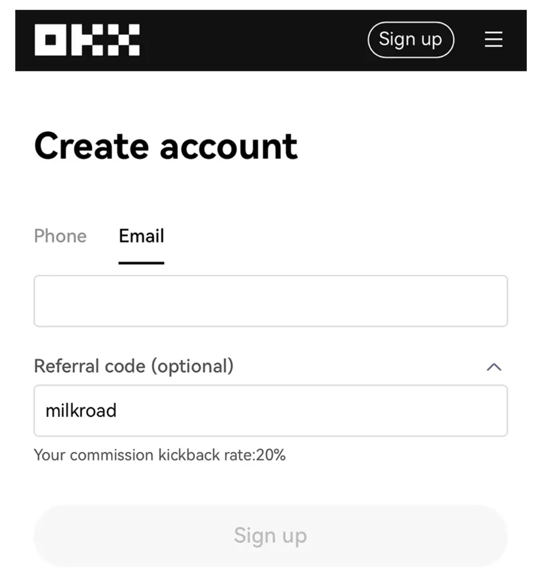 OKX.com sign-up screenshot for kickback bonus
