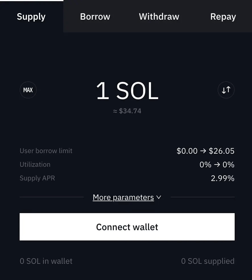 Screenshot of Solend's SOL lending interface with wallet connection for simple set up.