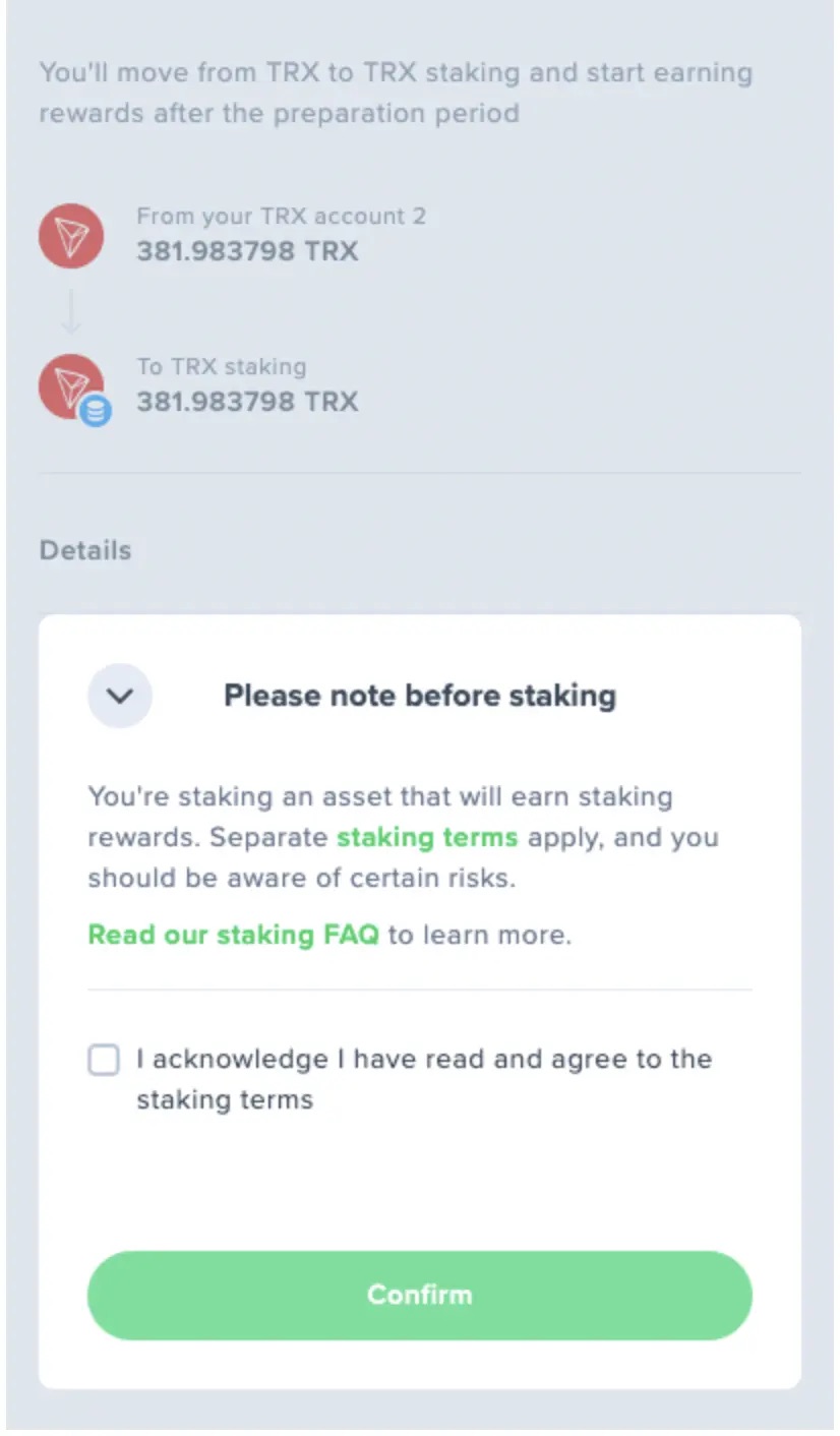 Confirm staking Tron Uphold