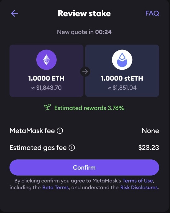 Estimate of ETH gas fees when staking
