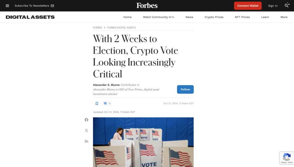 Forbes news article about the impact on crypto on the 2024 election.