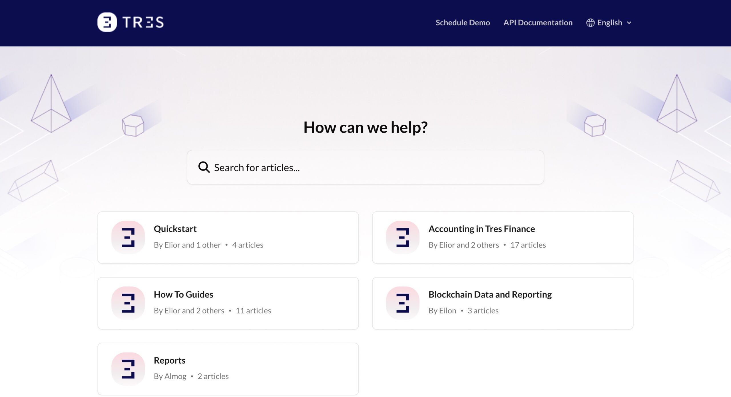 TRES Finance help section, with FAQ articles