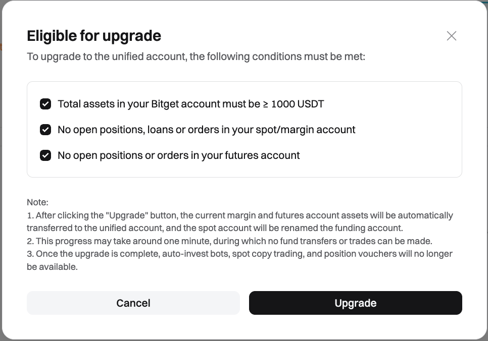 UTA eligibility criteria checklist on the bitget user interface