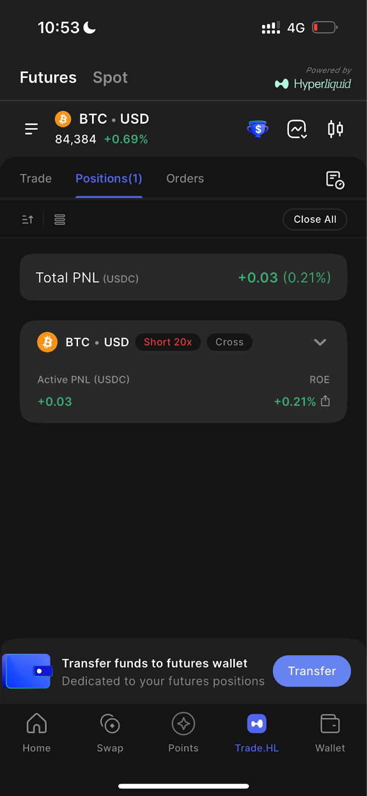 my 20x leveraged position in the wallet's hyperliquid integration